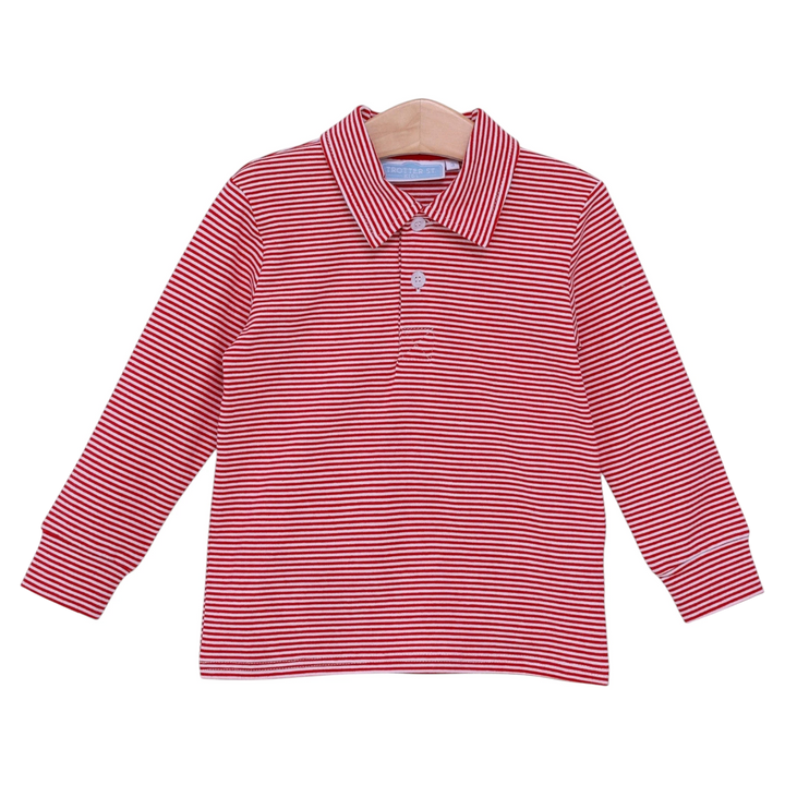 That Store Jackson long-sleeve polo shirt for boys featuring a vibrant red and white horizontal stripe pattern.