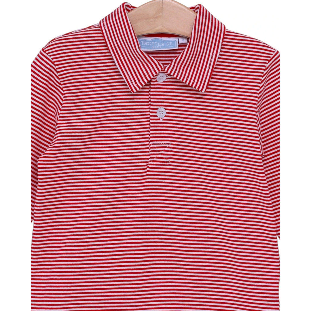 That Store Jackson Polo shirt for boys featuring a classic red and white striped pattern and a button-up collar.
