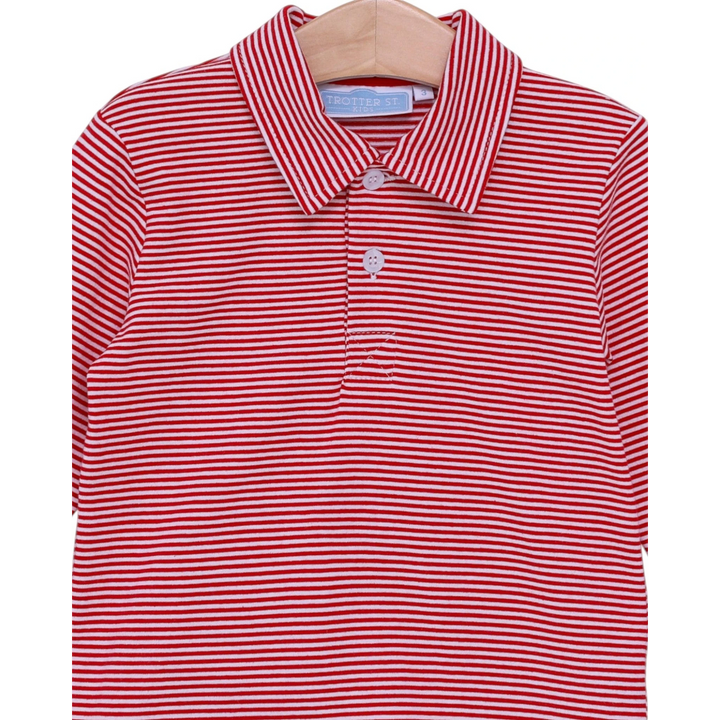 That Store Jackson Polo shirt for boys featuring a classic red and white striped pattern and a button-up collar.