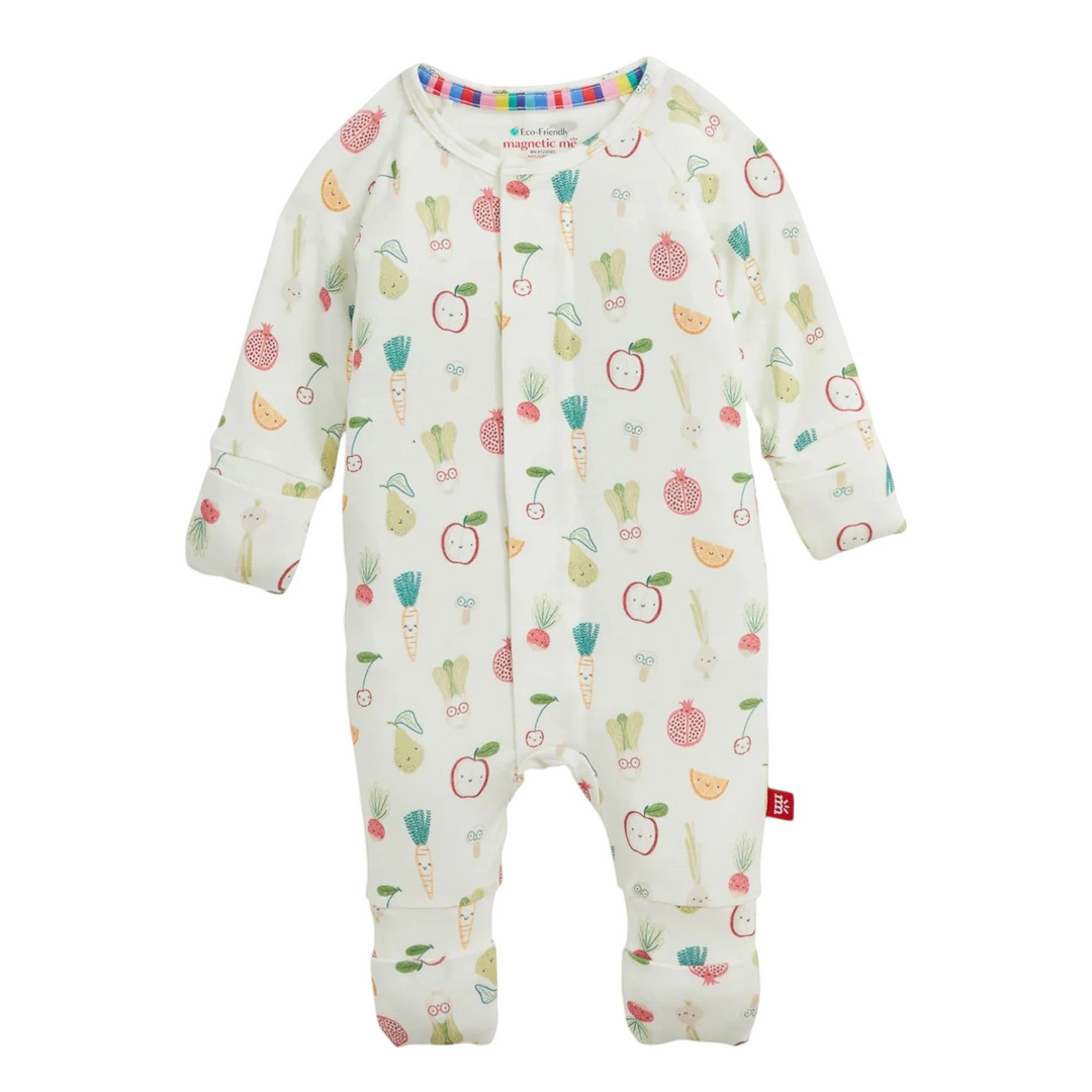 That Store Kale Yah modal baby coverall with magnetic closures and a colorful vegetable and fruit print pattern.