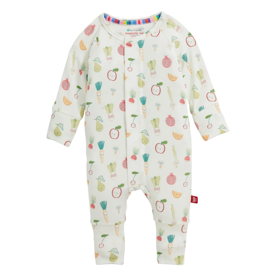 That Store Kale Yah modal baby coverall with magnetic closures and a colorful fruit and vegetable print on white