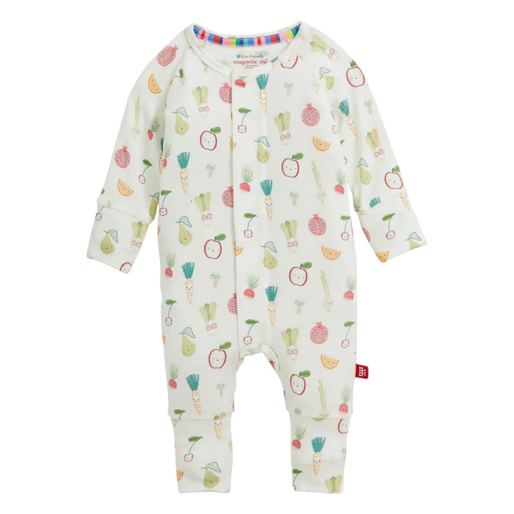 That Store Kale Yah modal baby coverall with magnetic closures and a colorful fruit and vegetable print on white