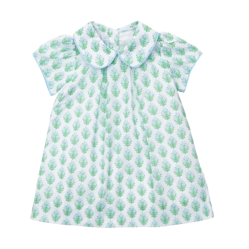 That Store Kate girls' woven pima cotton dress in white with green and blue floral print, Peter Pan collar, and piping.