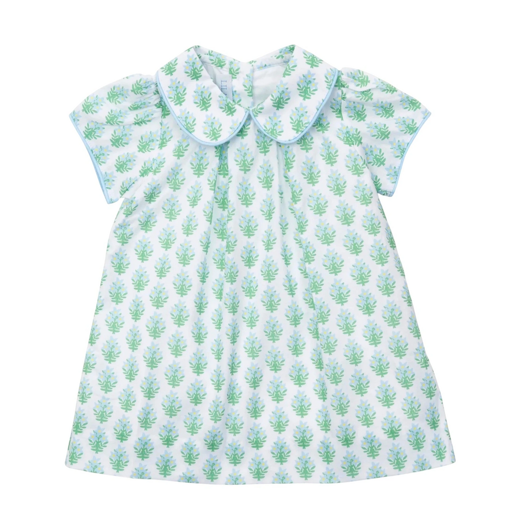 That Store Kate girls' woven pima cotton dress in white with green and blue floral print, Peter Pan collar, and piping.