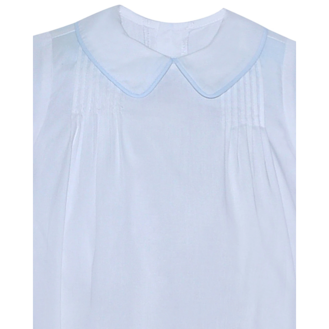 That Store Keaton white baby bubble with blue trimmed Peter Pan collar and delicate vertical pleating detail