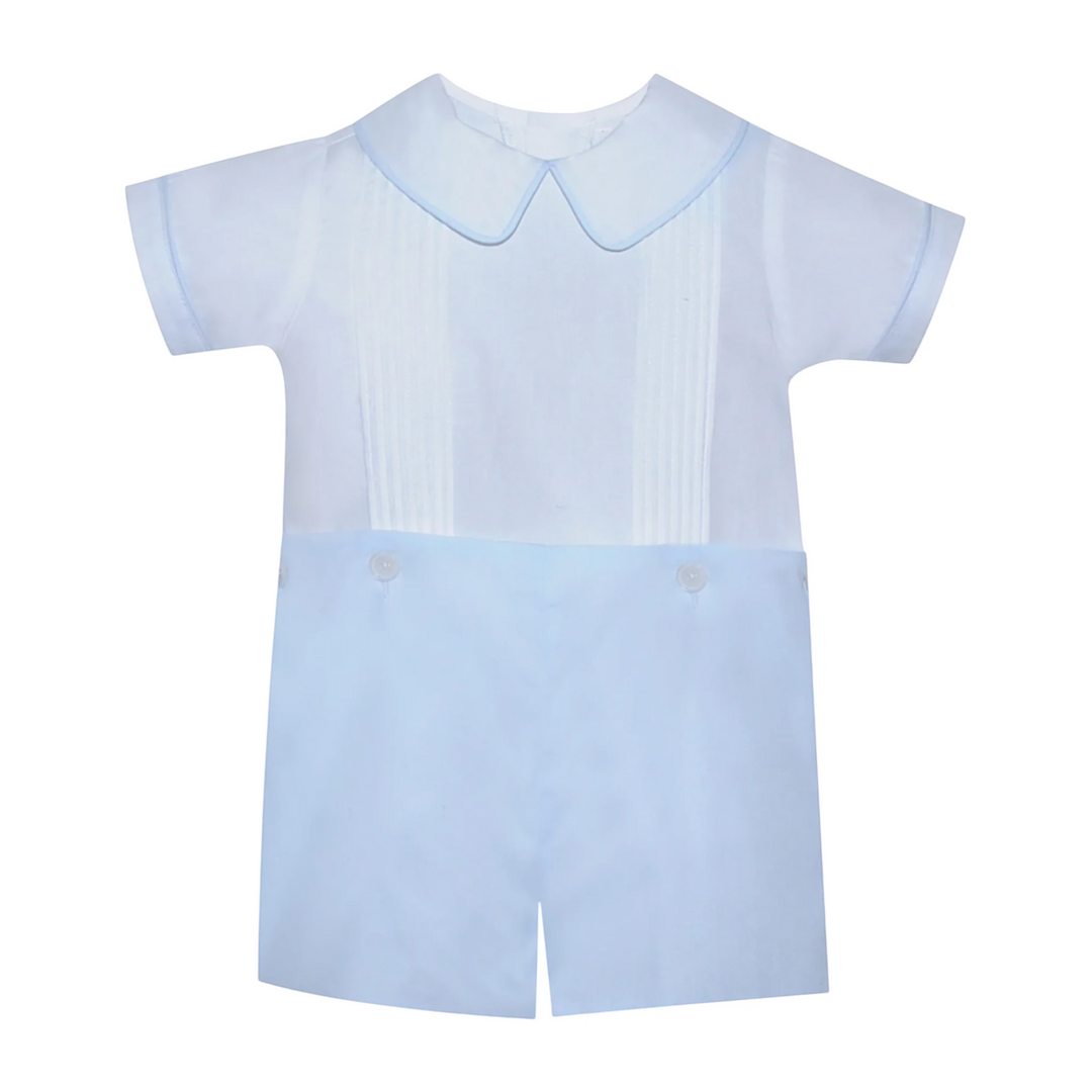 That Store Keaton white pleated shirt with blue trim and matching shorts with button details for special occasions.