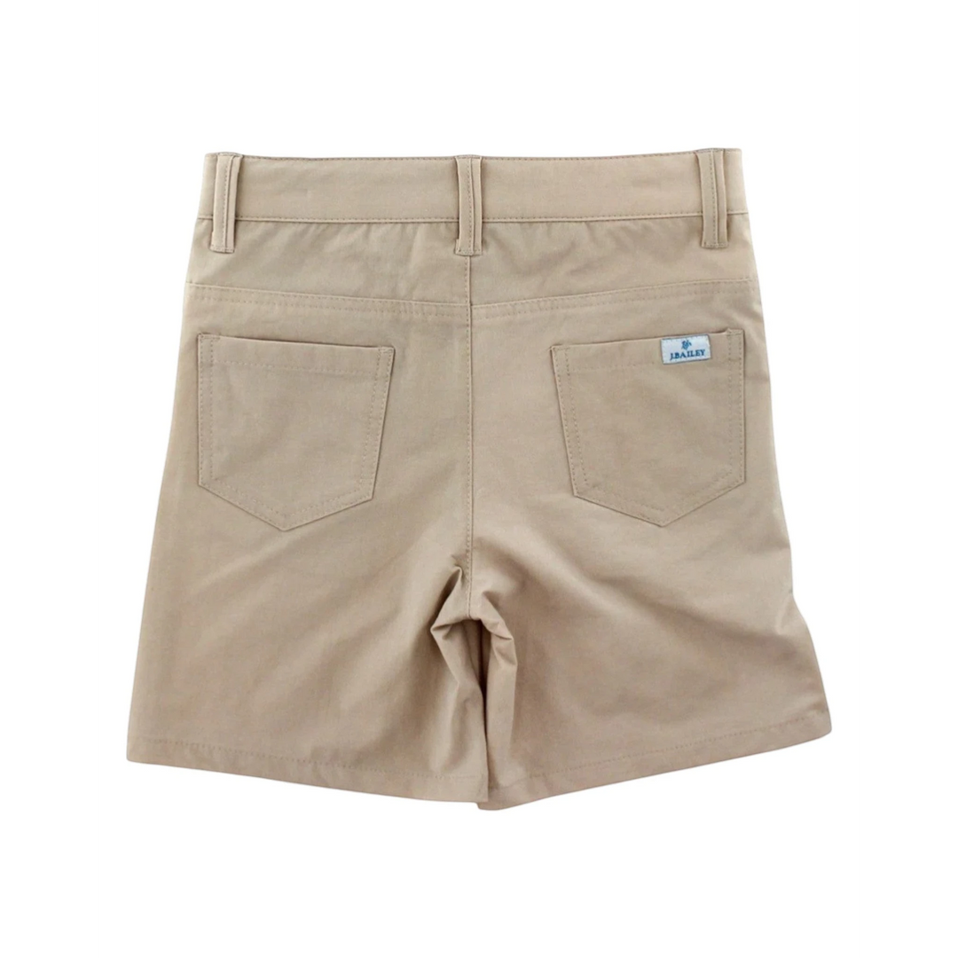 Back view of That Store khaki performance boys shorts with two back pockets and belt loops