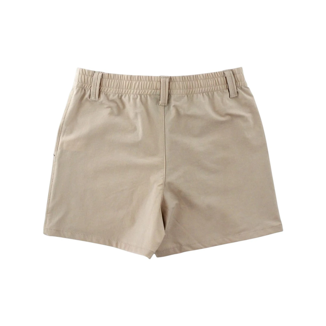 That Store khaki performance boys shorts with an elastic waistband, made from lightweight quick-dry material.