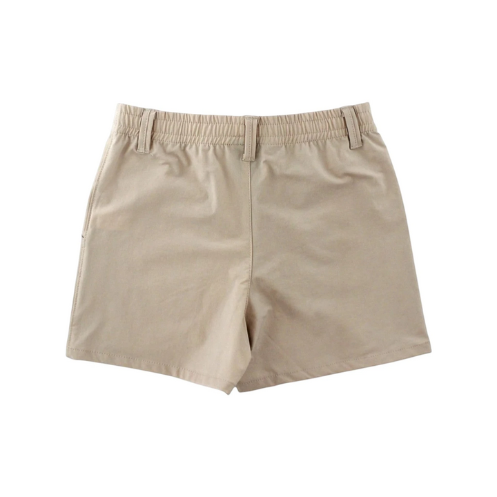 That Store khaki performance boys shorts with an elastic waistband, made from lightweight quick-dry material.