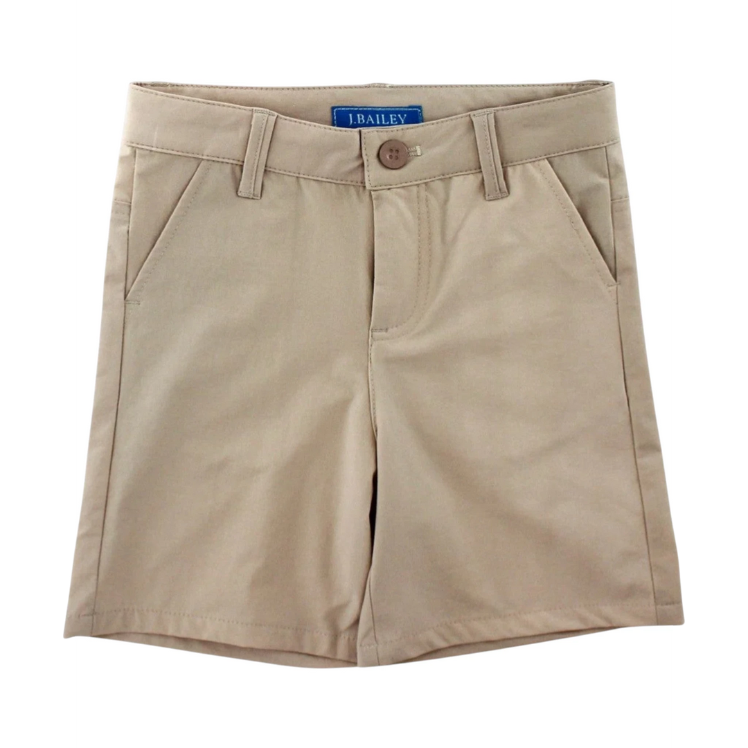 That Store khaki performance boys shorts with elasticized waistband, snap closure, and fitted cut for active wear.