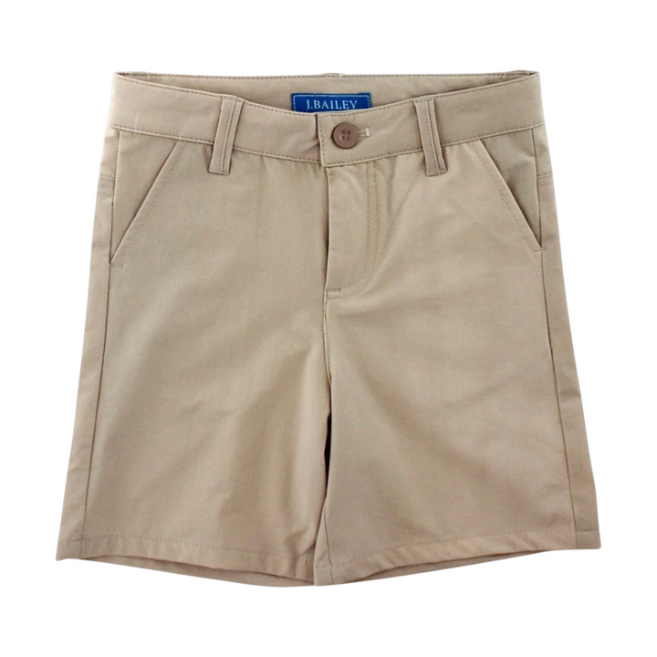That Store khaki performance boys shorts with elasticized waistband, snap closure, and fitted cut for active wear.
