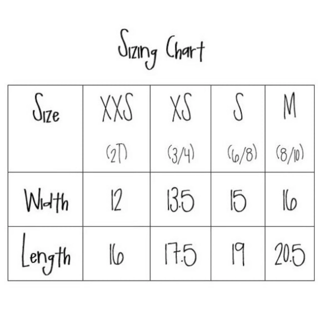 That Store sizing chart for kids clothing showing width and length measurements for sizes XXS to M