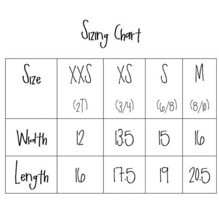 That Store sizing chart for kids clothing showing width and length measurements for sizes XXS to M
