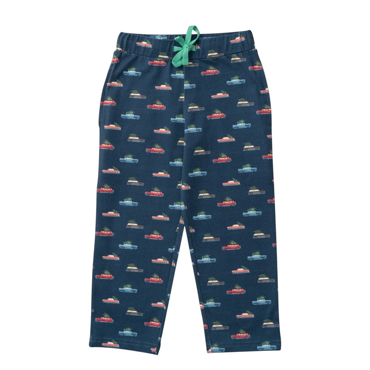That Store kids lounge pants in navy blue with a festive holiday car and Christmas tree print and green drawstring.