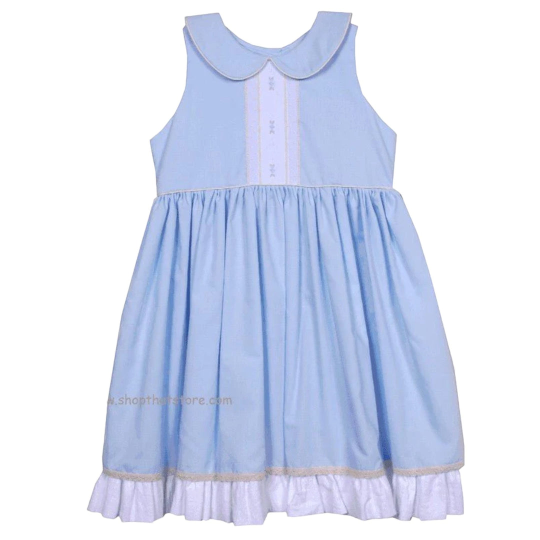 That Store LaJenns blue sleeveless heirloom dress with embroidered floral panel, peter pan collar, and ruffled hem.