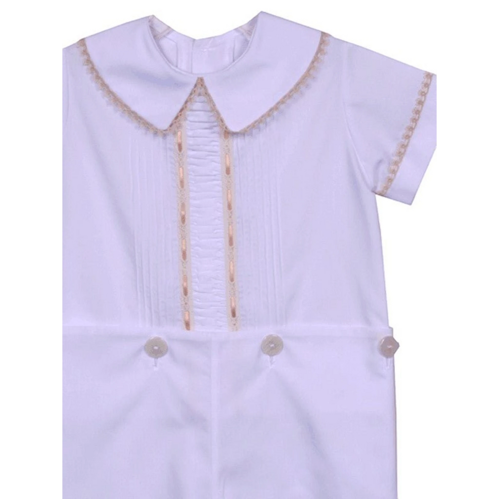 That Store LaJenns Heirloom white button-on short set with ecru lace trim, pleated placket, and peter pan collar.