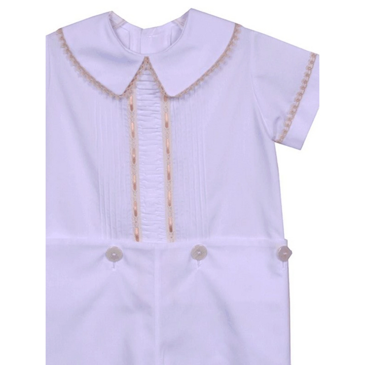 That Store LaJenns Heirloom white button-on short set with ecru lace trim, pleated placket, and peter pan collar.