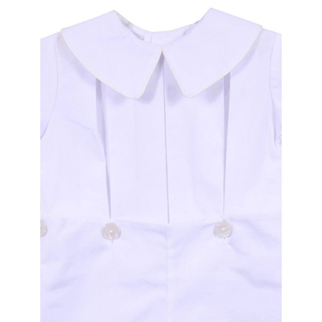 That Store LaJenns white button-on short set for boys with an ecru piped peter pan collar for special occasions.