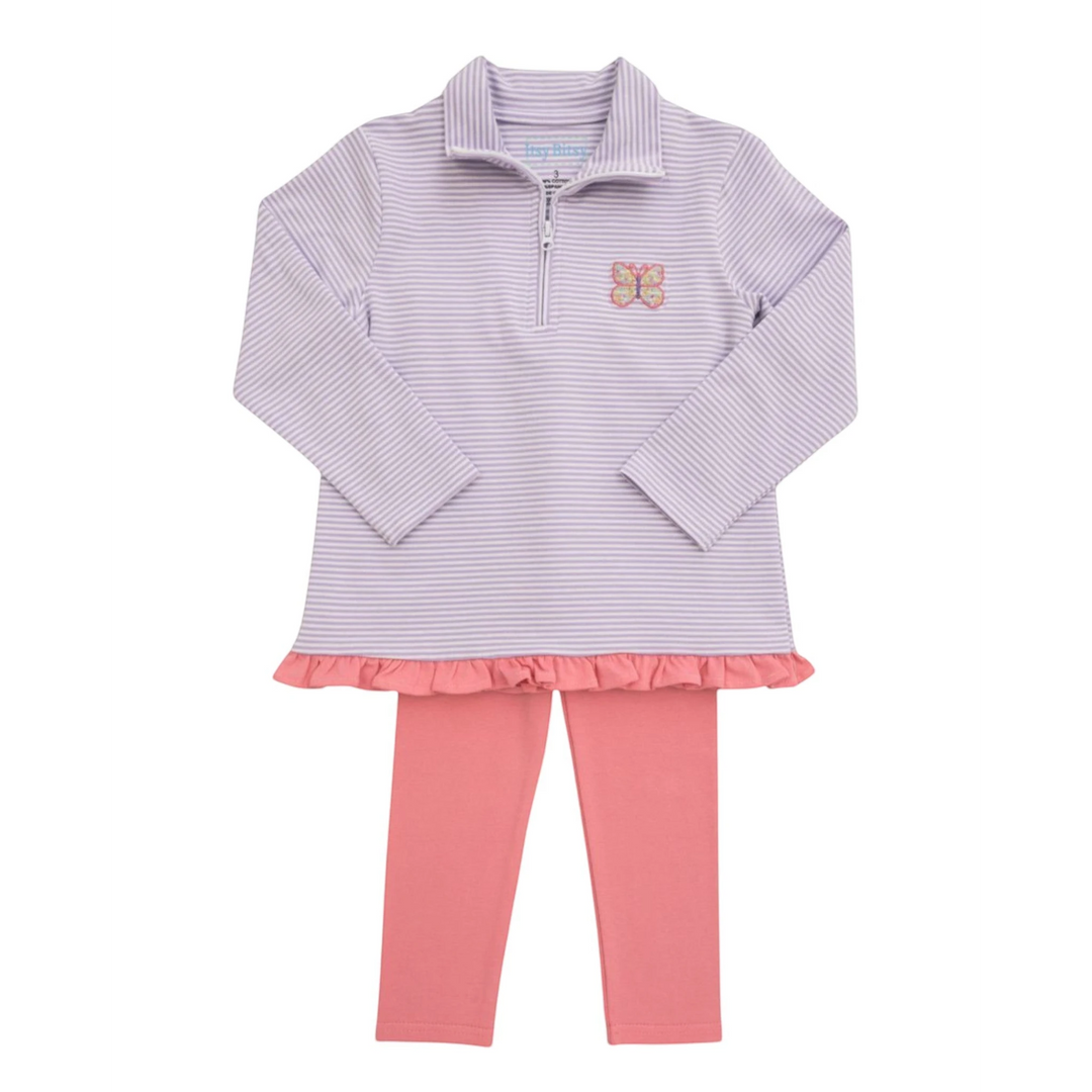 That Store girls lavender striped quarter-zip pullover with butterfly embroidery and matching pink leggings set