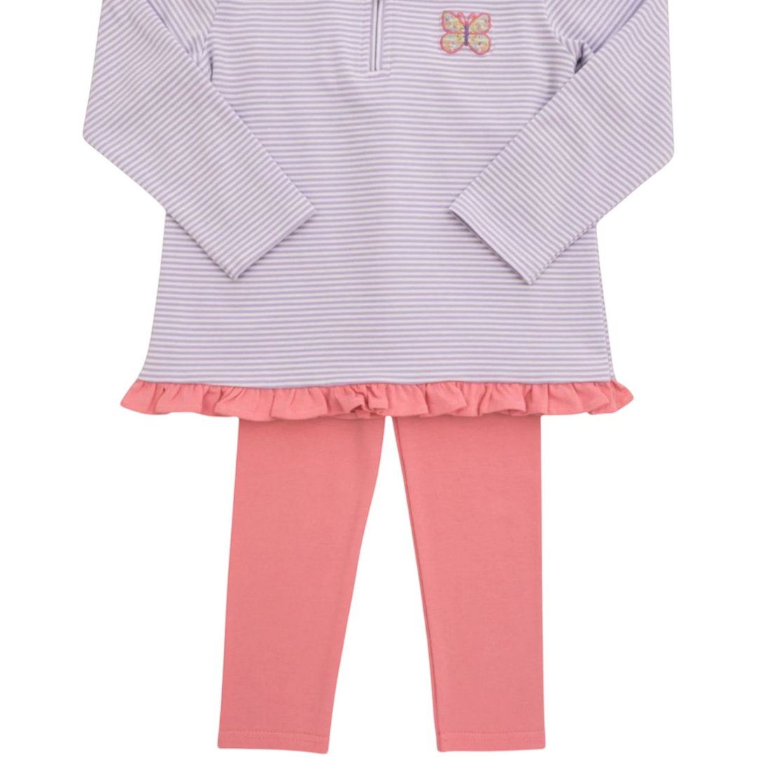 That Store girls lavender striped quarter-zip pullover with butterfly embroidery and coordinating pink leggings