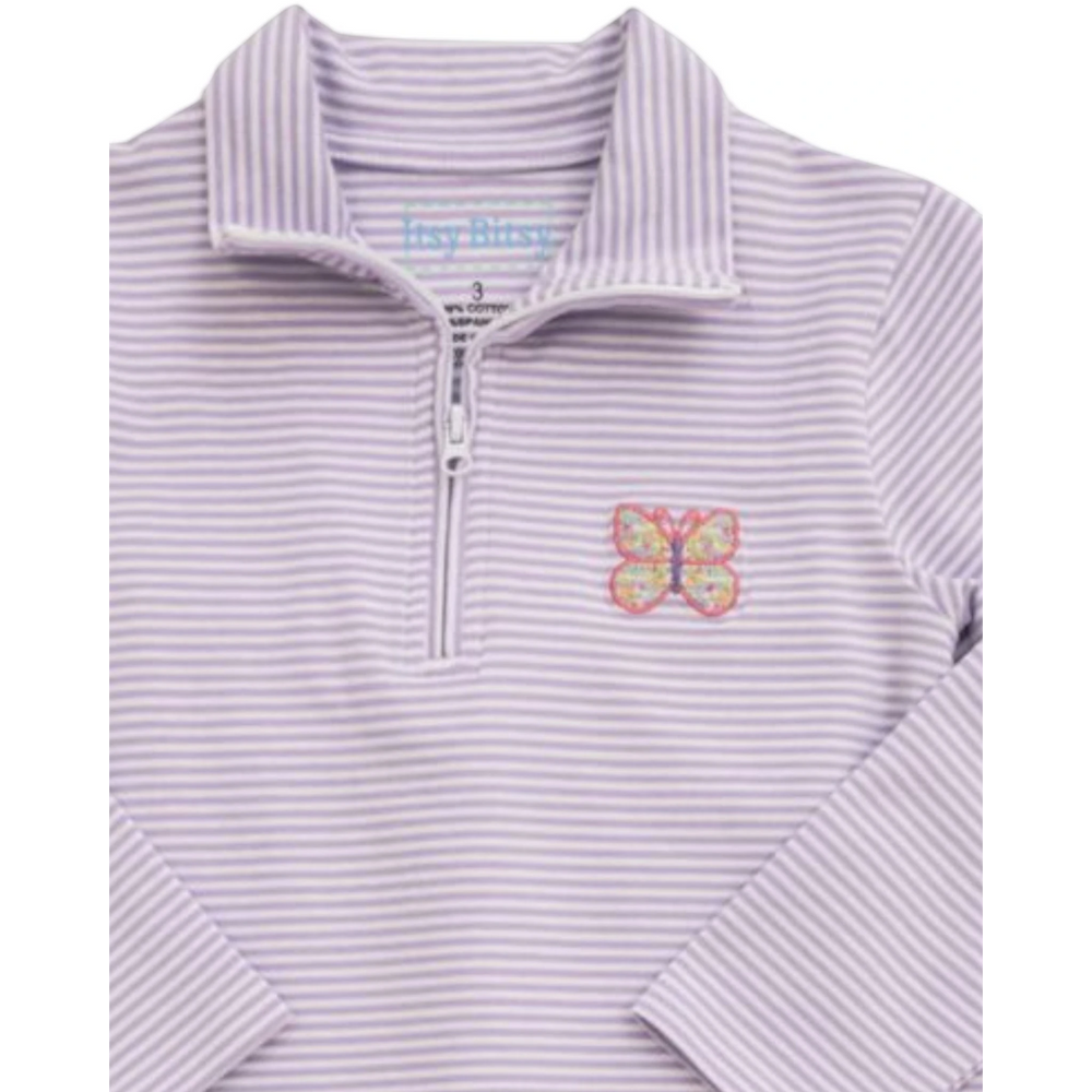 That Store lavender striped girls quarter-zip pullover featuring a colorful embroidered butterfly on the chest.