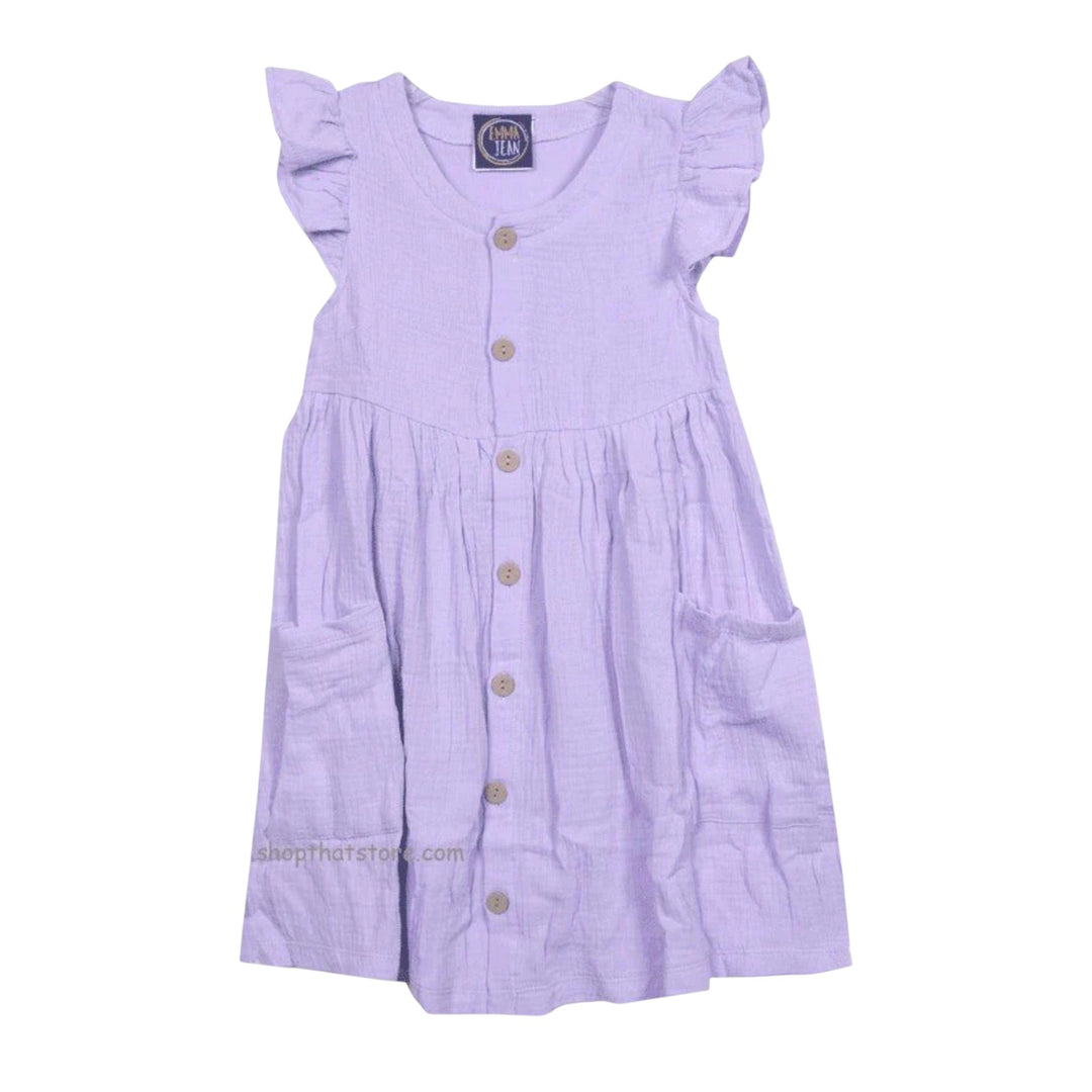 That Store Emma Jean Kids lavender cotton dress with angel wing sleeves, front buttons, and pockets.