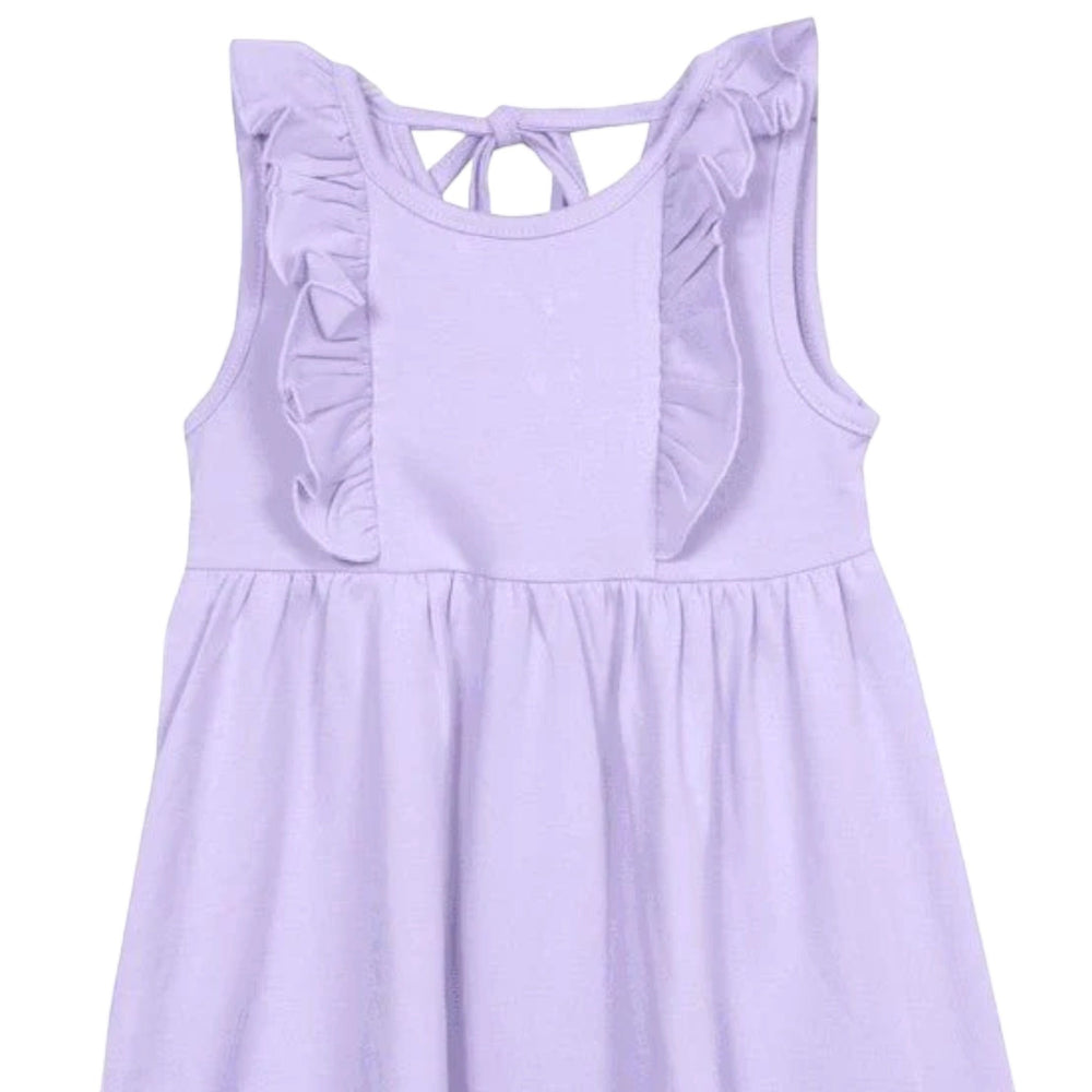 That Store lavender cotton dress for girls featuring sleeveless design, ruffled shoulders, and a back tie closure.