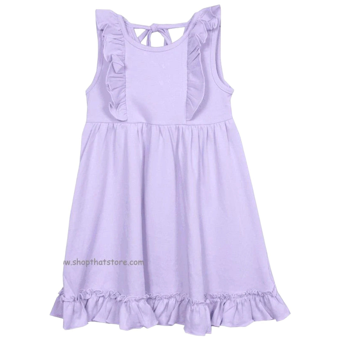That Store lavender sleeveless cotton dress for girls featuring ruffled shoulders, a back tie, and a ruffled hem.