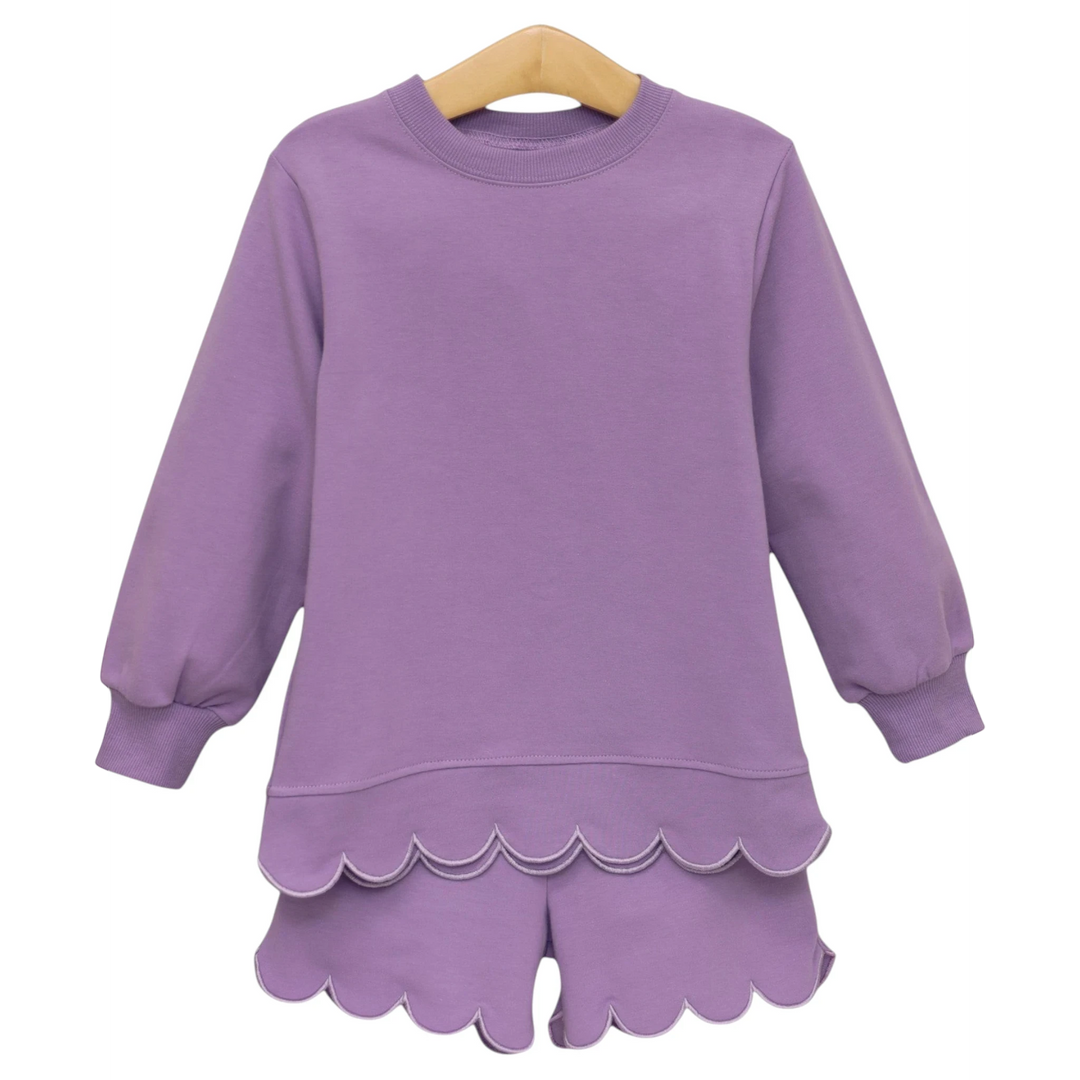 That Store lavender two-piece girls set with scalloped edges on the long-sleeve top and matching shorts