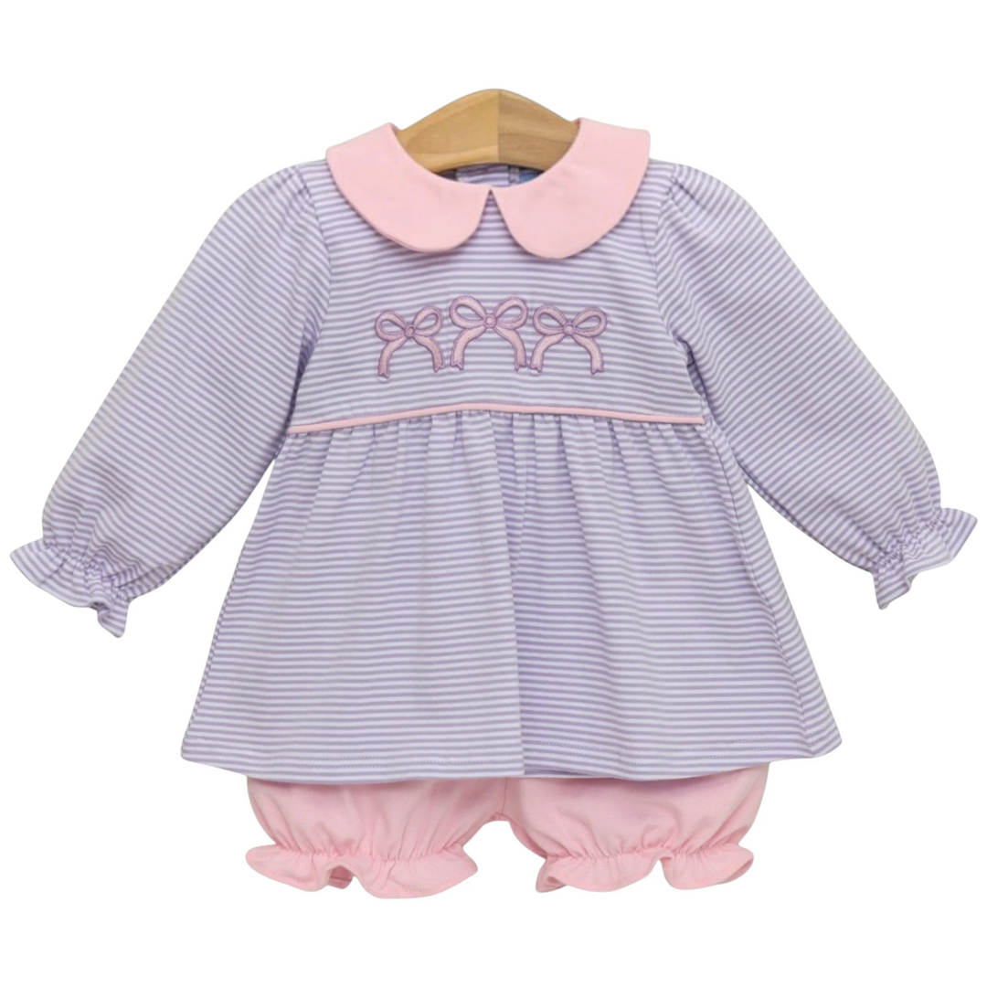 That Store lavender stripe long sleeve top with bow embroidery and matching pink ruffled bloomers for girls