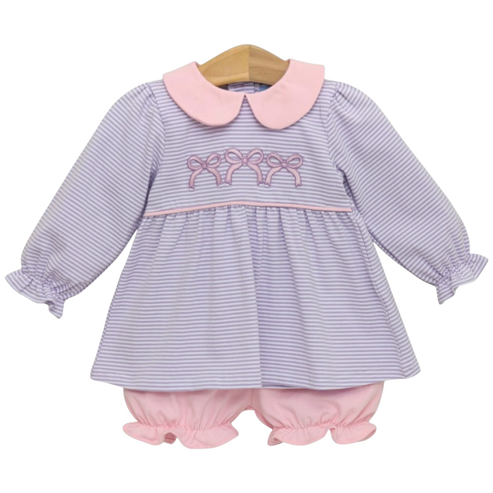 That Store lavender stripe long sleeve top with bow embroidery and matching pink ruffled bloomers for girls