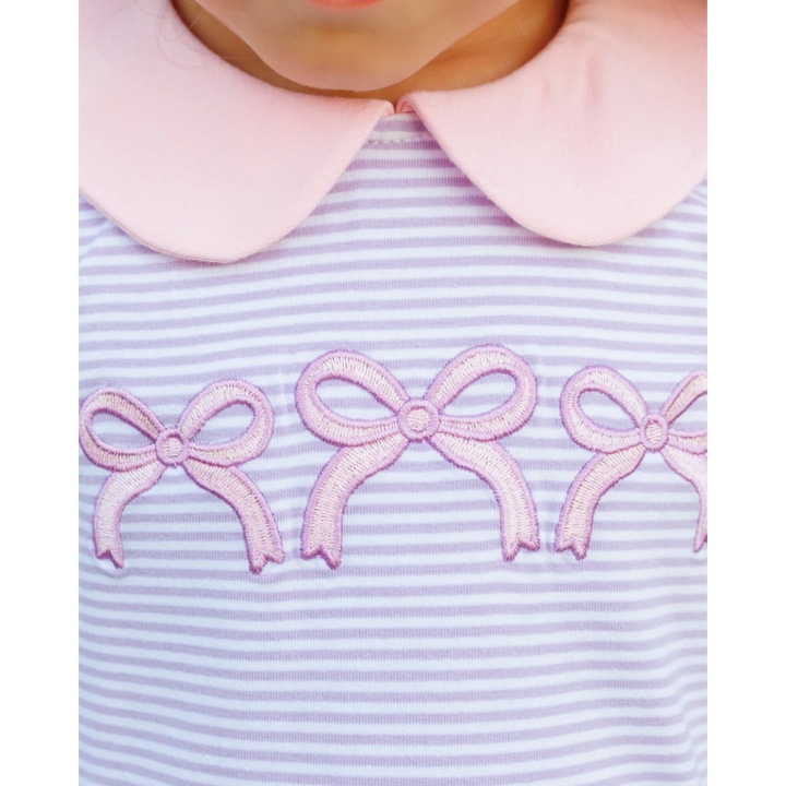 That Store girls bloomer set featuring lavender stripes, a pink peter pan collar, and embroidered bow details.