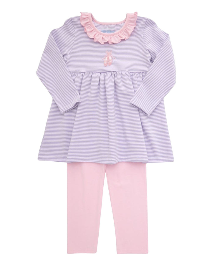 That Store girls lavender striped tunic with pink ruffled collar and ballet slipper embroidery paired with pink pants.