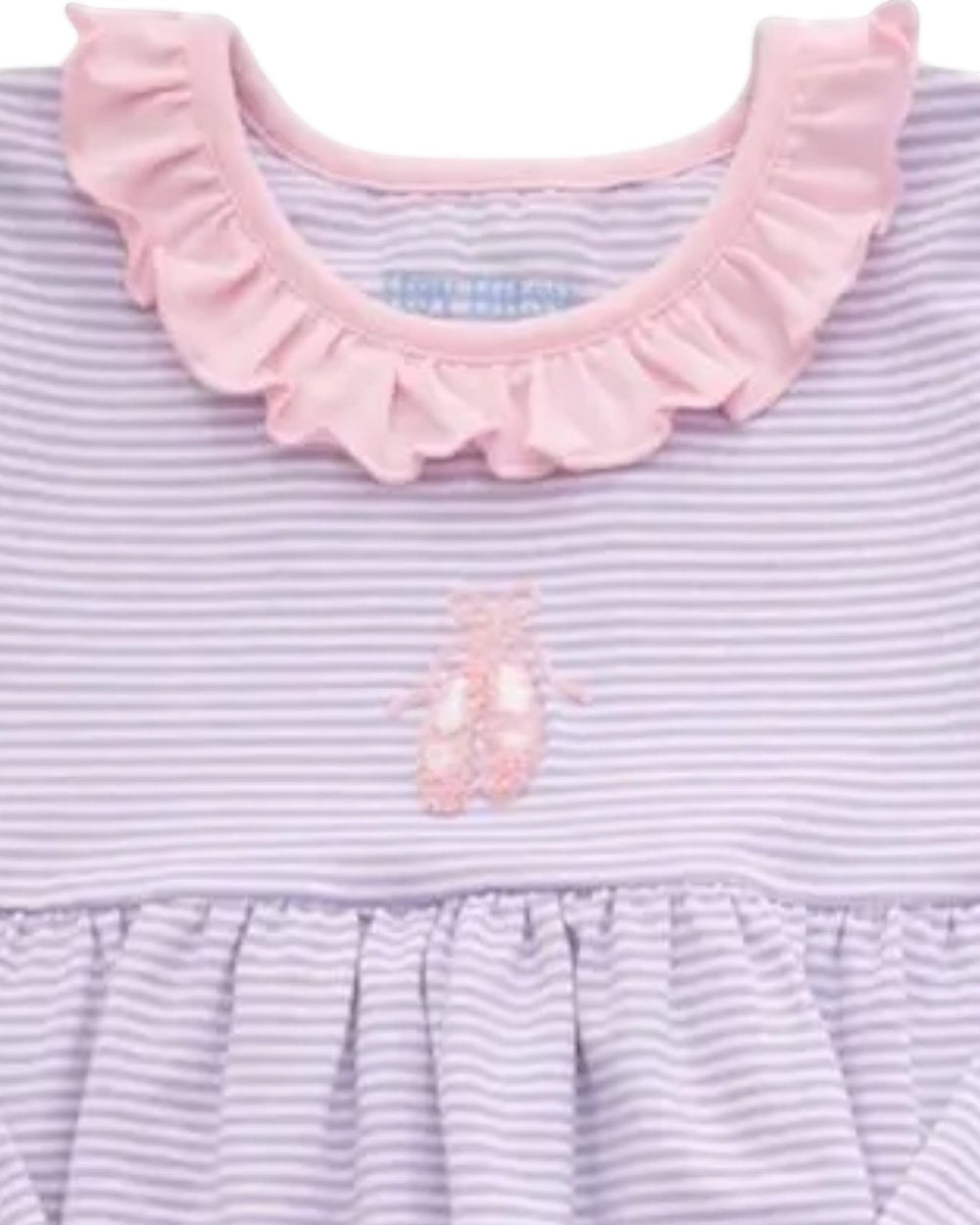That Store lavender striped girls top with a pink ruffled collar and ballet slipper embroidery