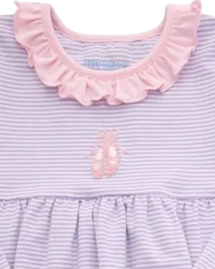 That Store lavender striped girls top with a pink ruffled collar and ballet slipper embroidery