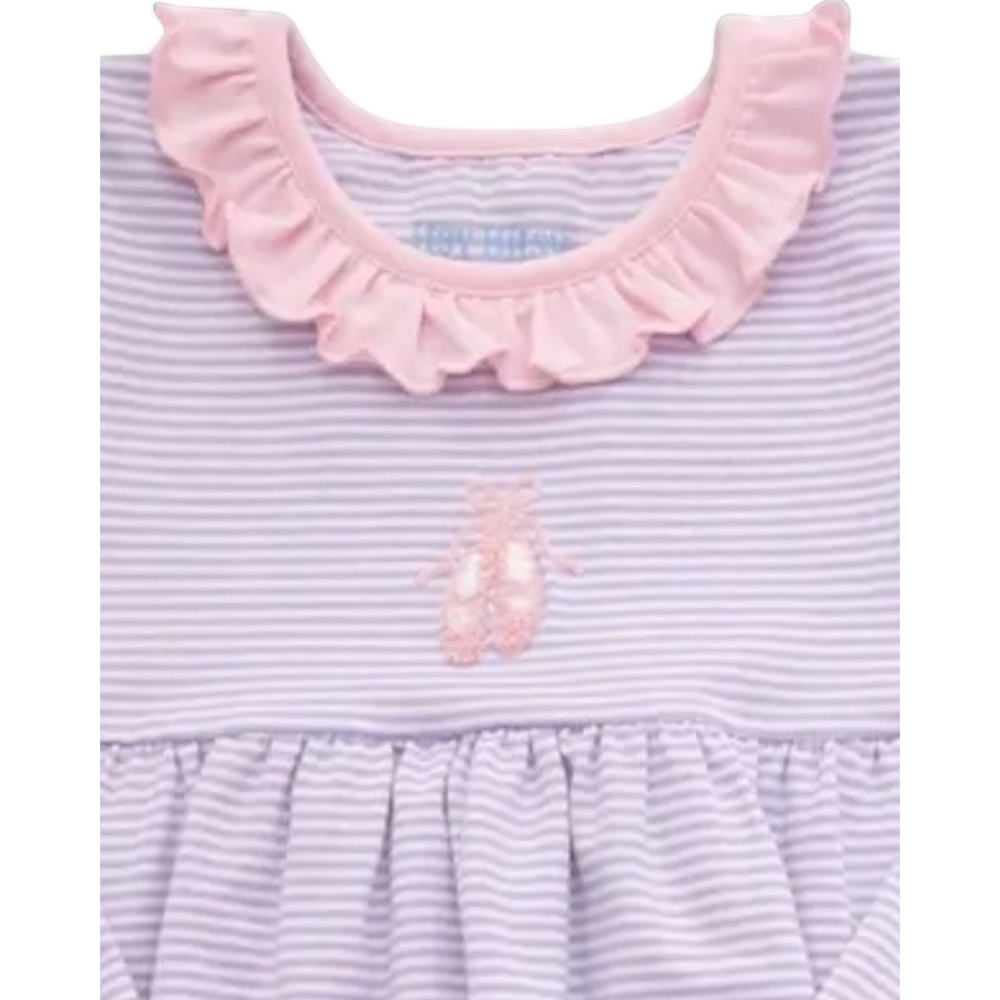 That Store lavender striped cotton girls top with a pink ruffled collar and ballet slipper embroidery detail