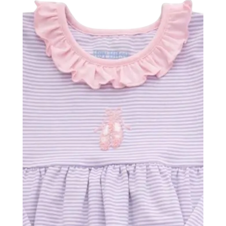 That Store lavender striped cotton girls top with a pink ruffled collar and ballet slipper embroidery detail
