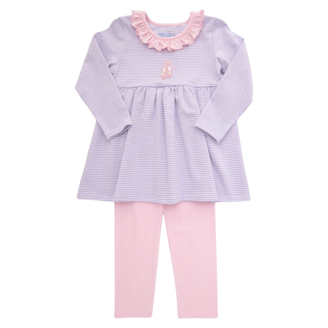 That Store lavender striped long-sleeve tunic with pink ruffle collar and matching pink leggings for girls