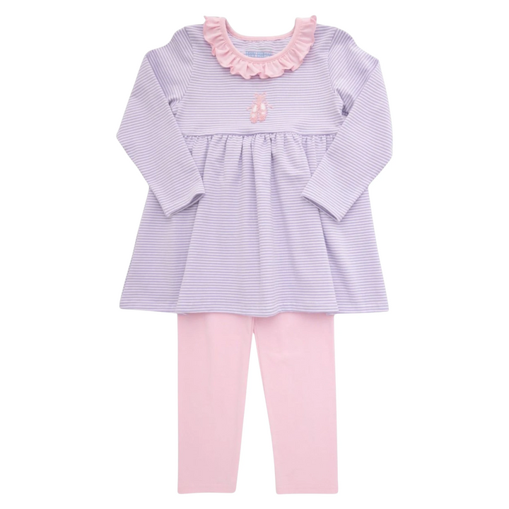 That Store lavender striped long-sleeve tunic with pink ruffle collar and matching pink leggings for girls