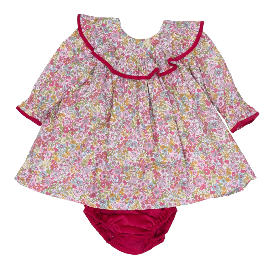 That Store Layla raspberry floral long-sleeve dress and matching bloomers set for girls with ruffled collar