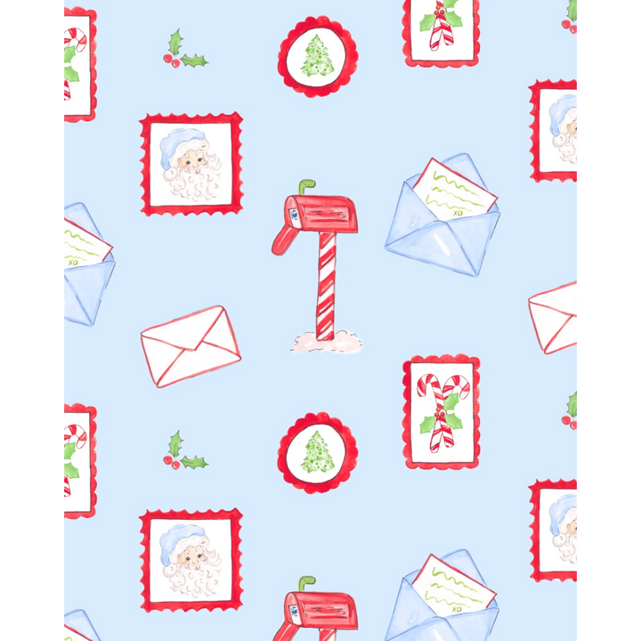 That Store light blue turtleneck featuring a festive Letters to Santa print with mailboxes, envelopes, and Santa.