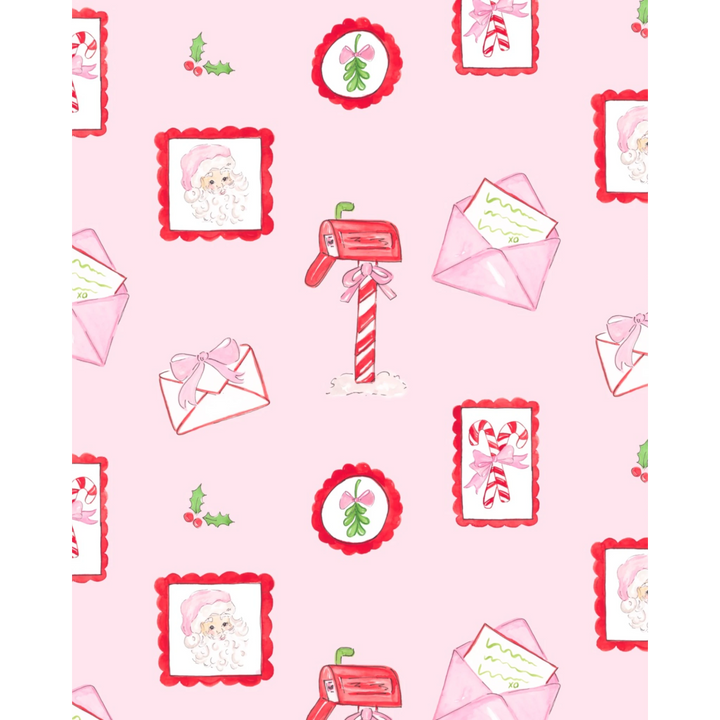 That Store Letters to Santa print on pink fabric featuring illustrated mailboxes, envelopes, and Santa Claus faces.
