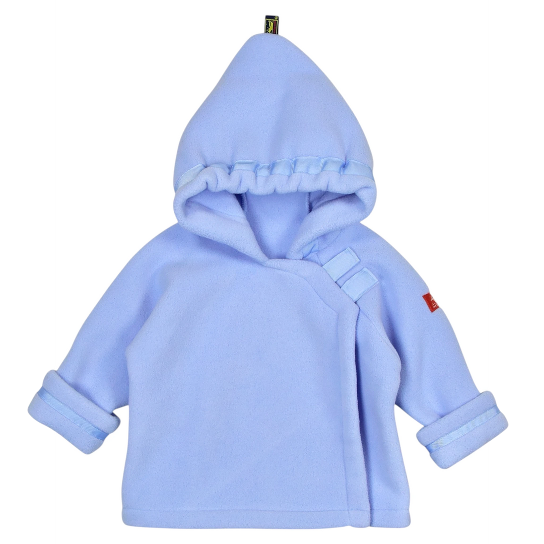 That Store light blue Polartec fleece infant jacket with a hooded flap-over design and adjustable grosgrain ribbon.