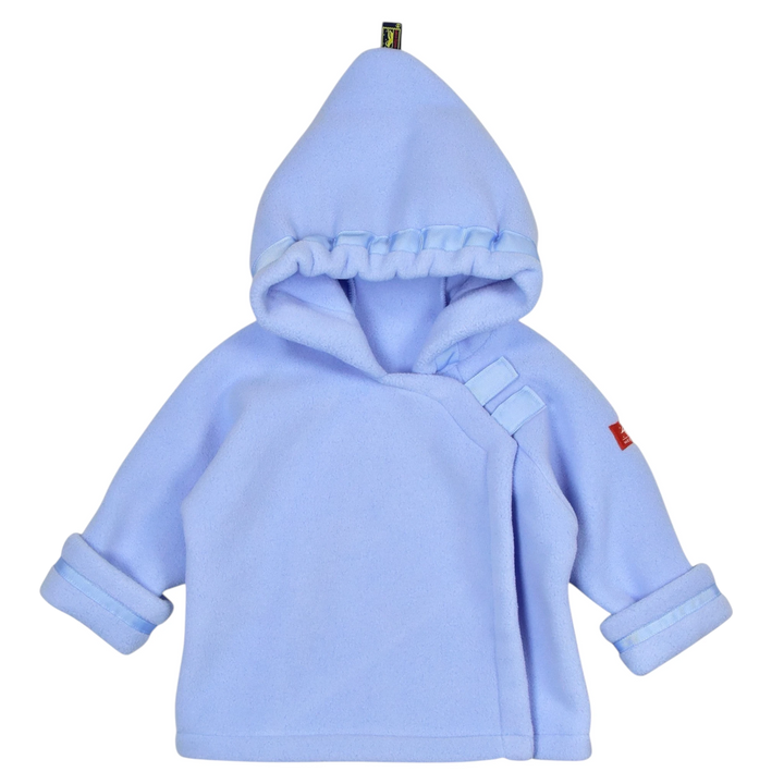 That Store light blue Polartec fleece infant jacket with a hooded flap-over design and adjustable grosgrain ribbon.