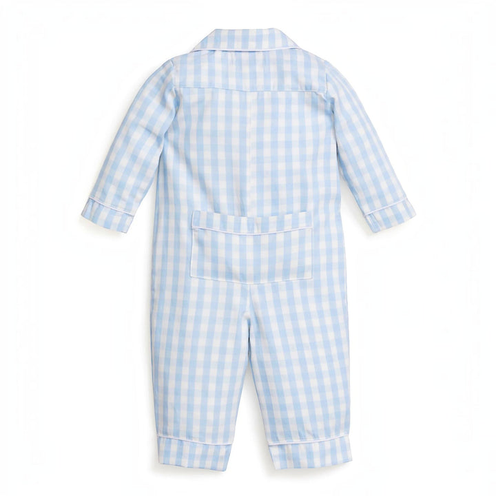That Store baby romper in light blue gingham cotton twill with long sleeves and a back pocket, back view