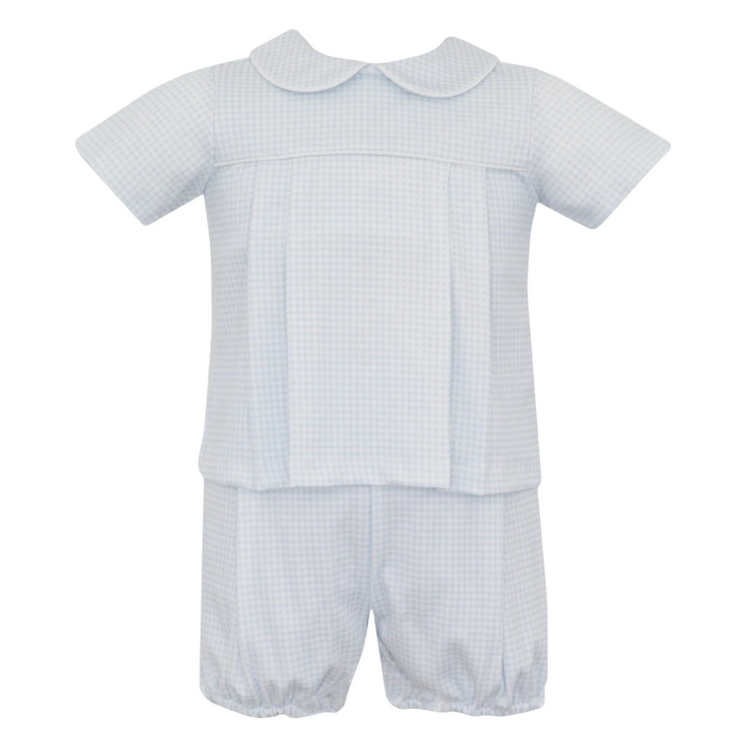 That Store light blue gingham knit boys diaper set in 100% cotton with a classic Peter Pan collar and pleated front.