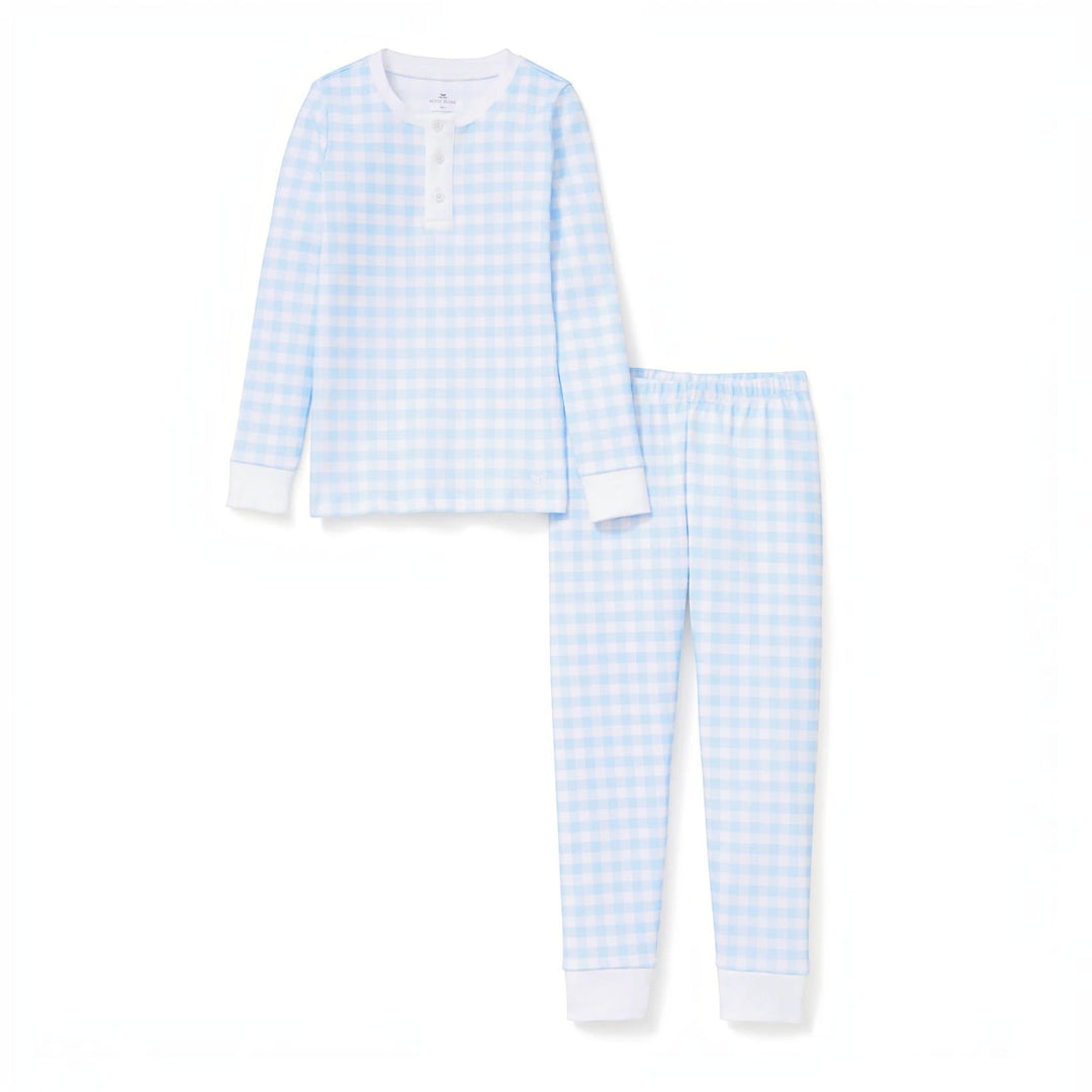 That Store light blue gingham Pima cotton long sleeve pajama set with a henley top and snug fit pants.