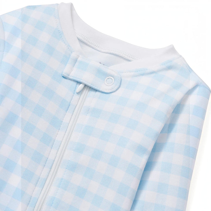 That Store light blue gingham Pima cotton baby romper with a two-way zipper and snap collar closure