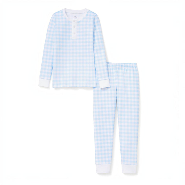 That Store light blue gingham Pima cotton long sleeve pajama set with a henley top and snug fit pants.