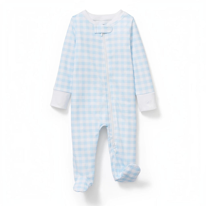 That Store light blue gingham footed baby romper in soft Peruvian Pima cotton with a two-way front zipper.